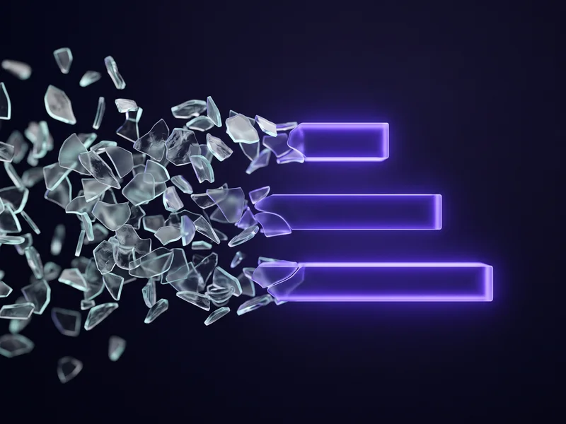 Drifting cloud of unlabelled glass fragments resolving into three clean glowing bars