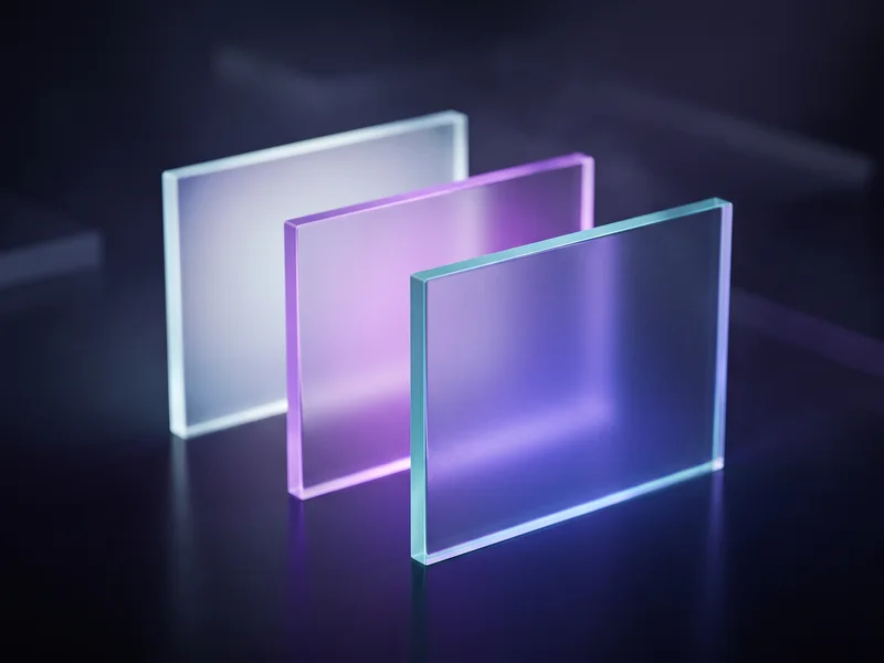 Three identical frosted tiles stacked in depth, each lit by a different coloured glow