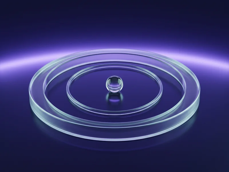 Two translucent rings settling into concentric alignment above a calm horizon of light
