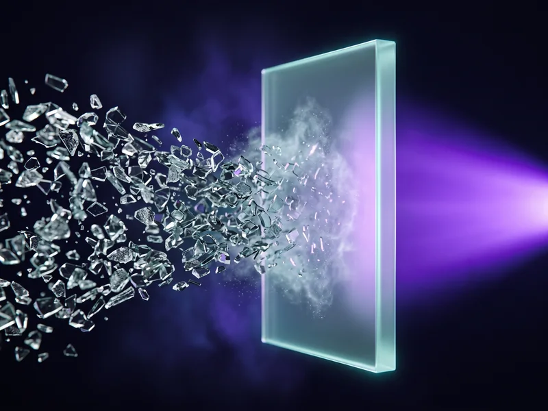 Stream of glass shards halted at a smooth frosted barrier, dissolving into faint particles