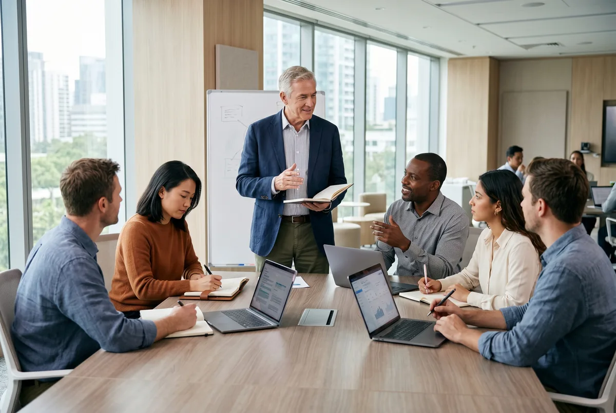 A senior mentor leading a hands-on training workshop with a small group of professionals around a table