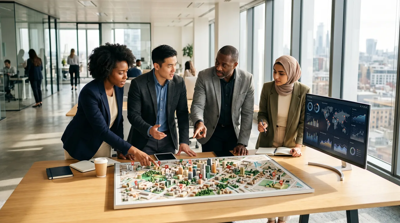 A team of consultants and engineers collaborating around a large display while helping a customer adopt a time-intelligence platform