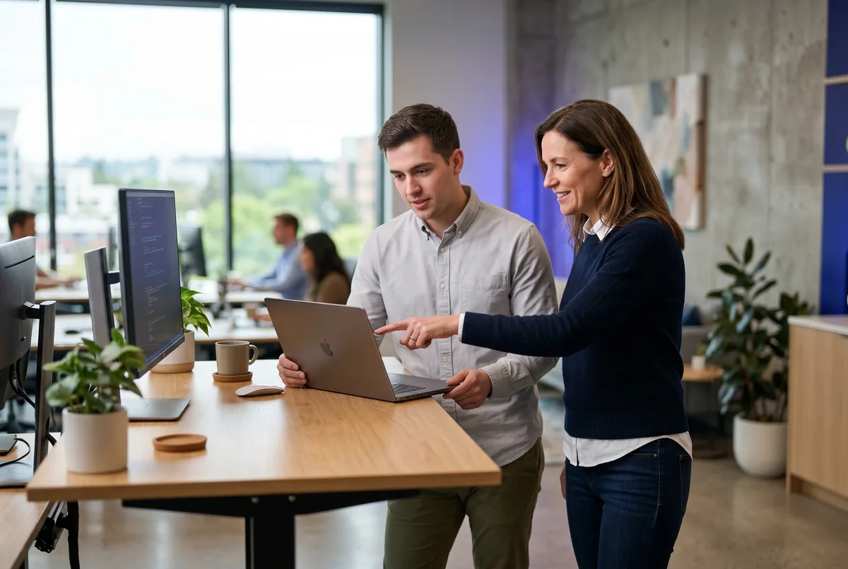 A senior engineer guiding a colleague through configuration on a laptop at a standing desk in a modern office