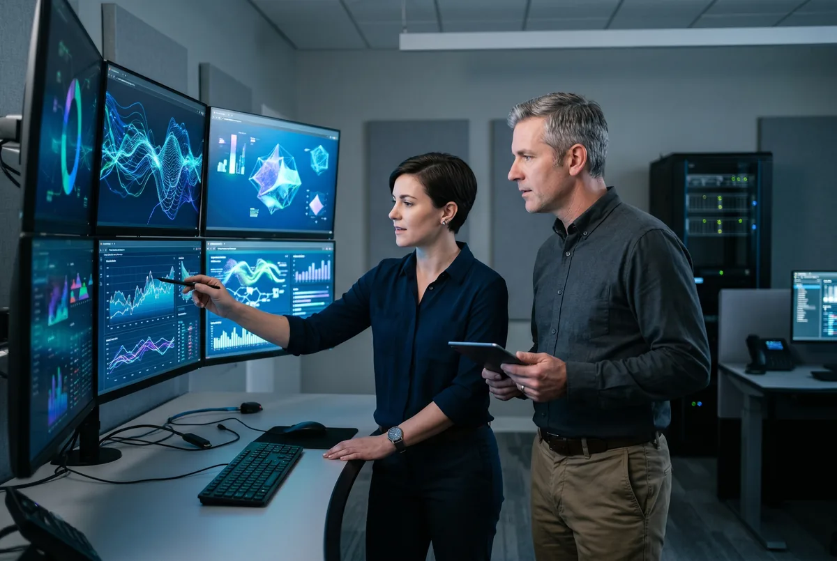 Two operations specialists calmly reviewing dashboards on multiple monitors in a tidy operations room
