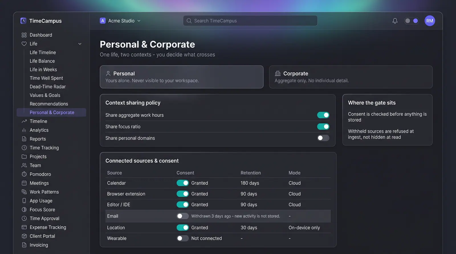 Concept illustration of the TimeCampus Personal & Corporate page with a context sharing policy and a table of source consent and retention