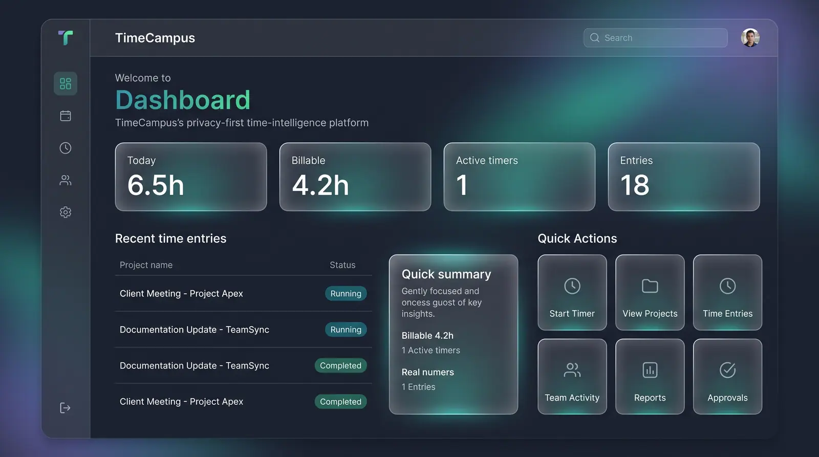 Concept illustration of the TimeCampus home dashboard with four stat cards, a recent time entries list, a quick summary and six quick-action tiles