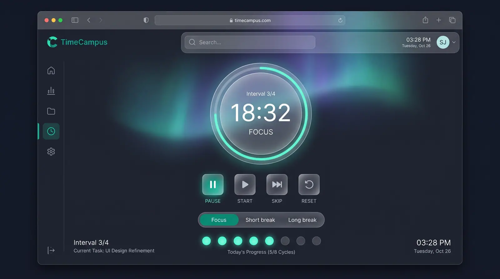 Concept illustration of a desktop focus session screen with a countdown ring, transport controls, mode switch and cycle progress dots.