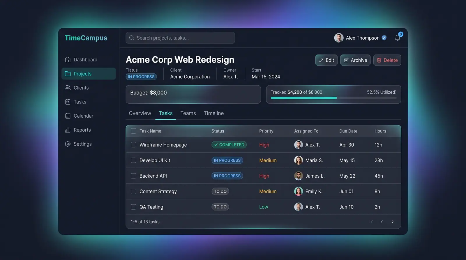 Concept illustration of a project detail page with budget cards, tabs for overview, tasks, teams and timeline, and a task table.