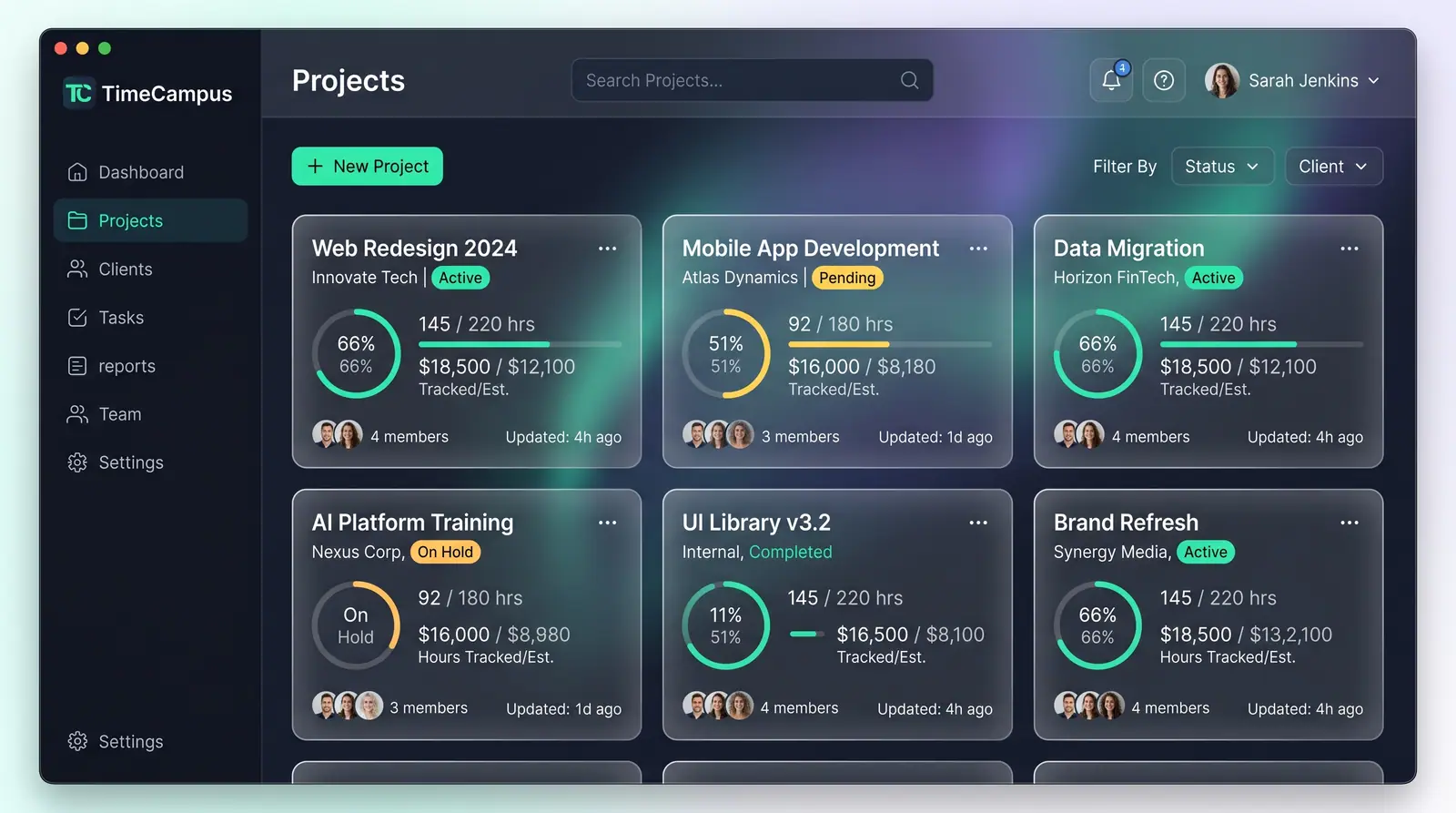 Concept illustration of a projects page showing a grid of project cards with status pills, progress rings, hours and budget figures.