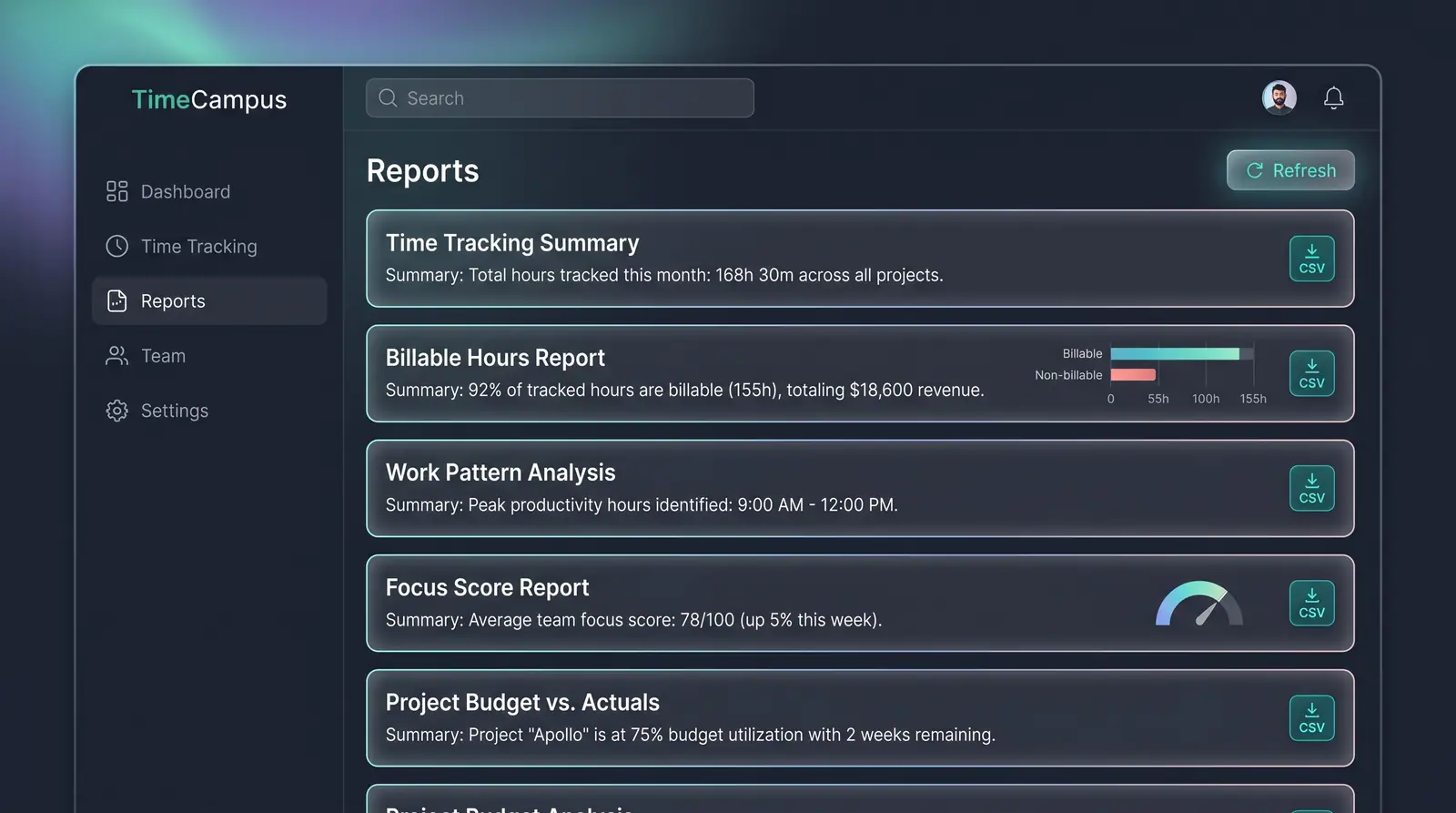 Concept illustration of a reports library page listing report cards with summaries, inline charts and per-report download buttons.