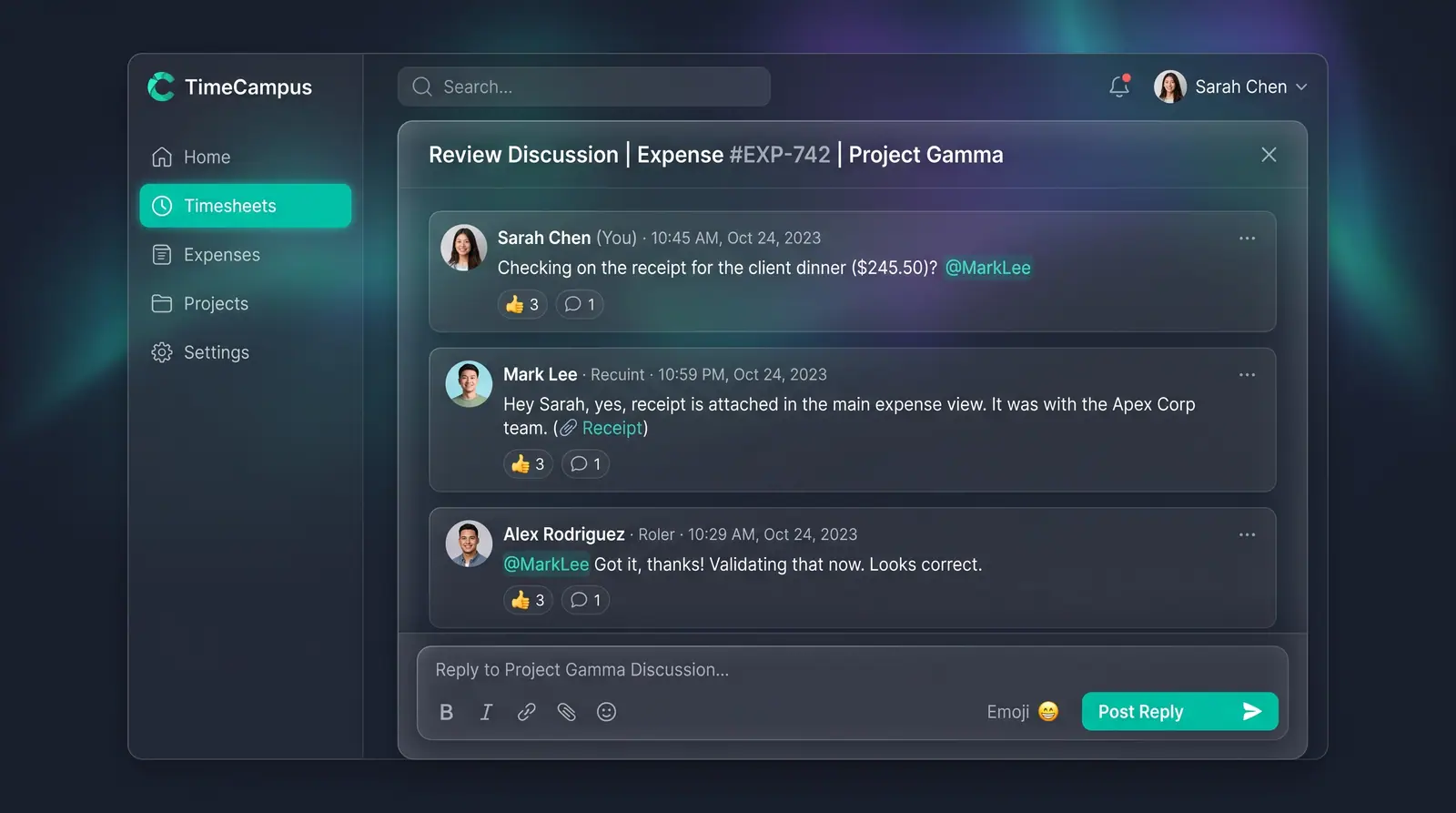 Concept illustration of a TimeCampus review discussion on an expense with timestamped comments, mentions, a linked receipt and a reply editor