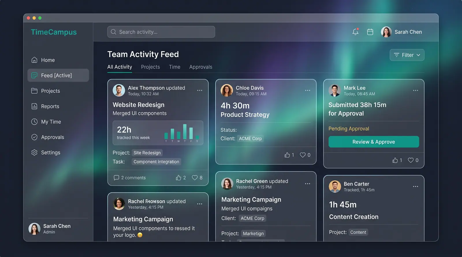 Concept illustration of a TimeCampus team activity feed with update cards, tracked hours, project chips and a pending approval card