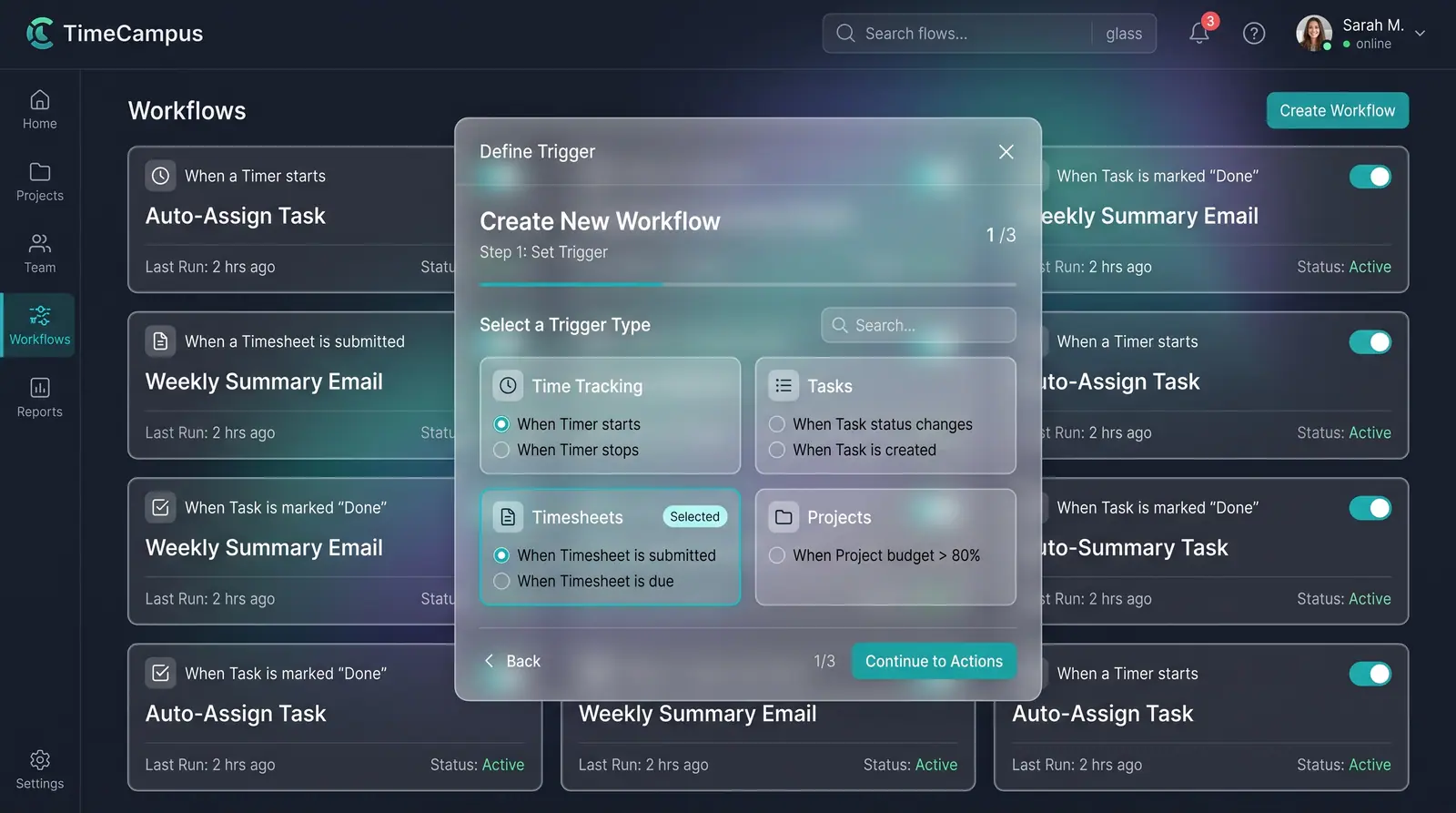 Concept illustration of a Workflows page with workflow cards and a Define Trigger dialog listing timer, task, timesheet and project triggers